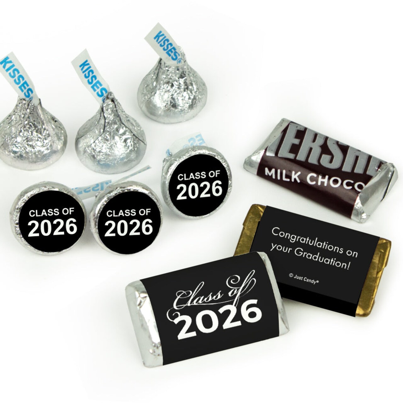 119ct Black Graduation Class of 2026 Wrapped Miniatures And Silver Stickered Kisses Chocolate Candy Mix For Grad Gifts, School Event Giveaways & Party Favors